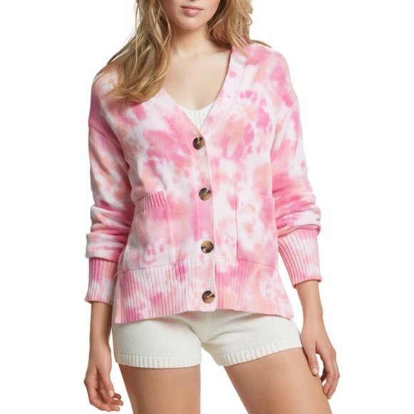 NWT Juicy Couture pink, orange, white tie dye knit V-neck cotton cardigan, S - Picture 4 of 7